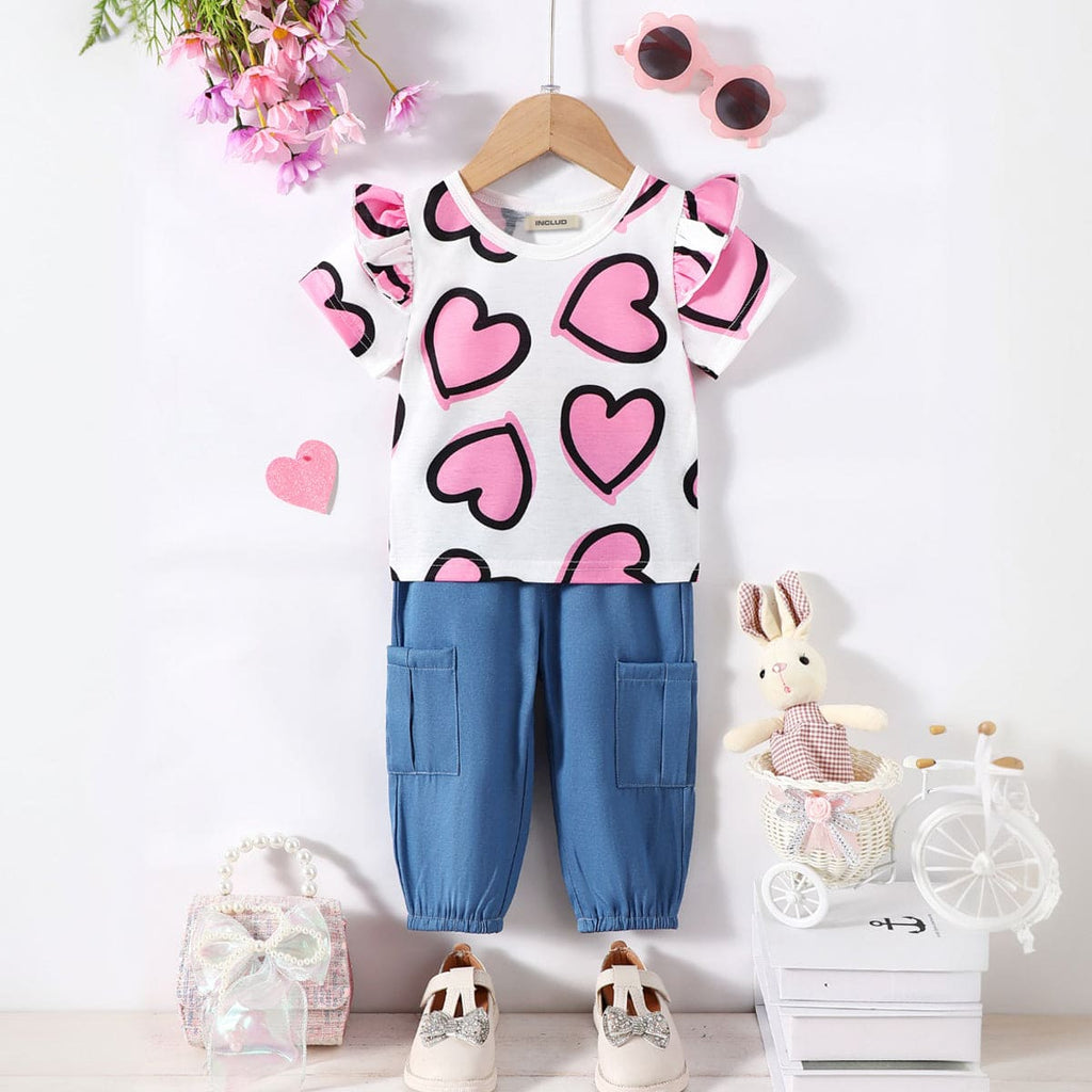 Girls Pink Heart Print Top with Cargos Set Sets White 6-9 M 