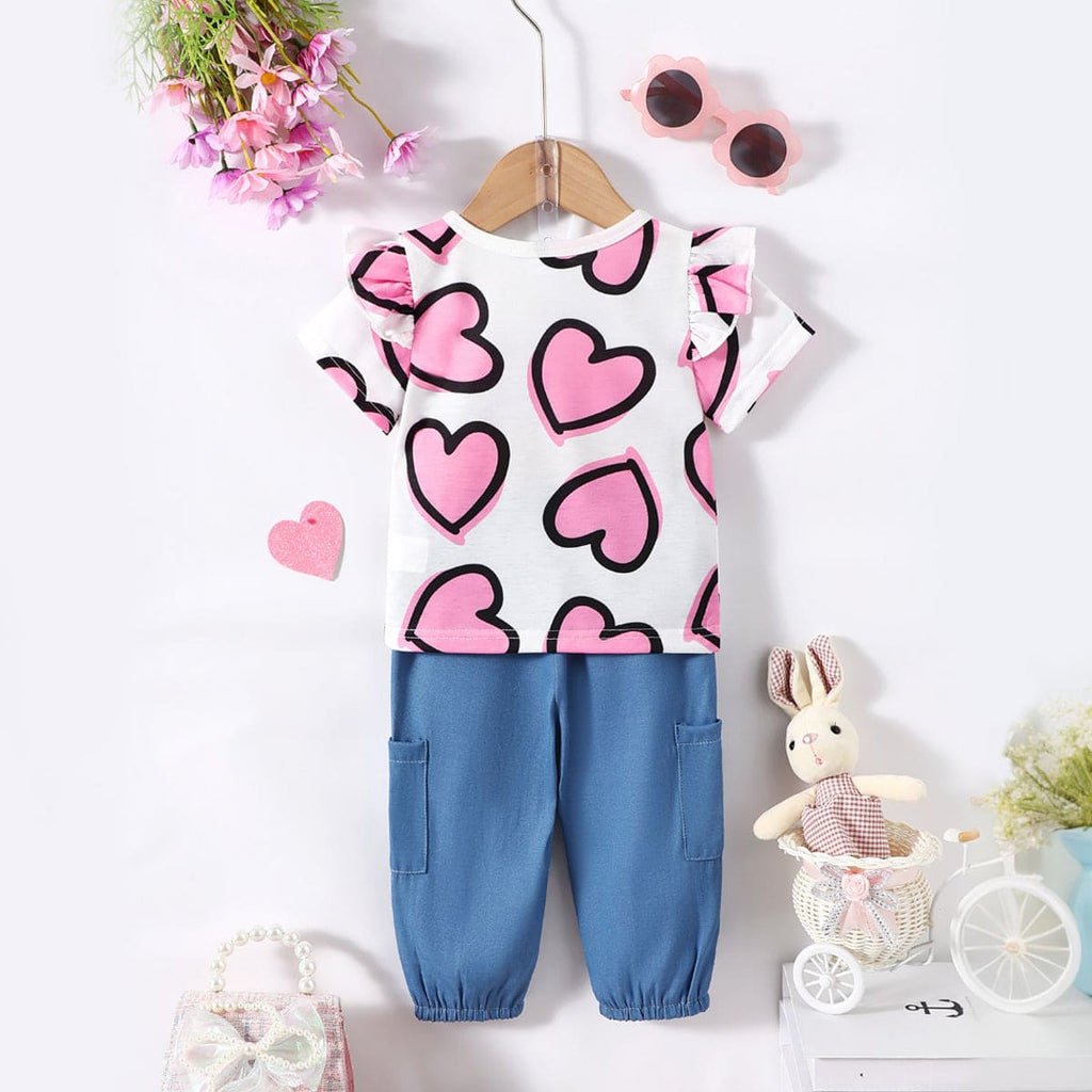 Girls Pink Heart Print Top with Cargos Set Sets   