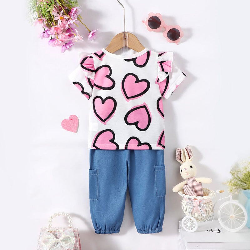 Girls Pink Heart Print Top with Cargos Set Sets   