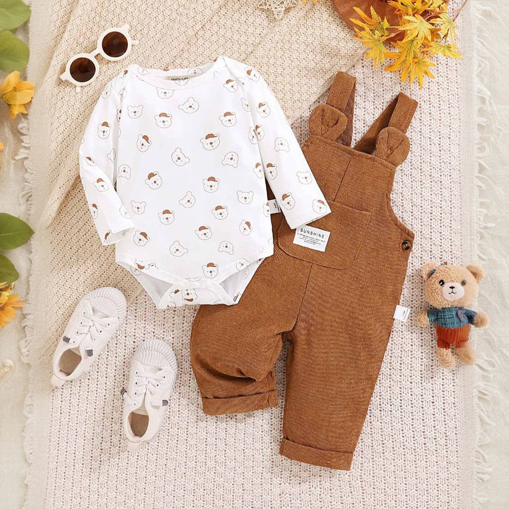 Boys White Printed Bodysuit with Corduroy Dungaree Set Sets Brown 3-6 M 