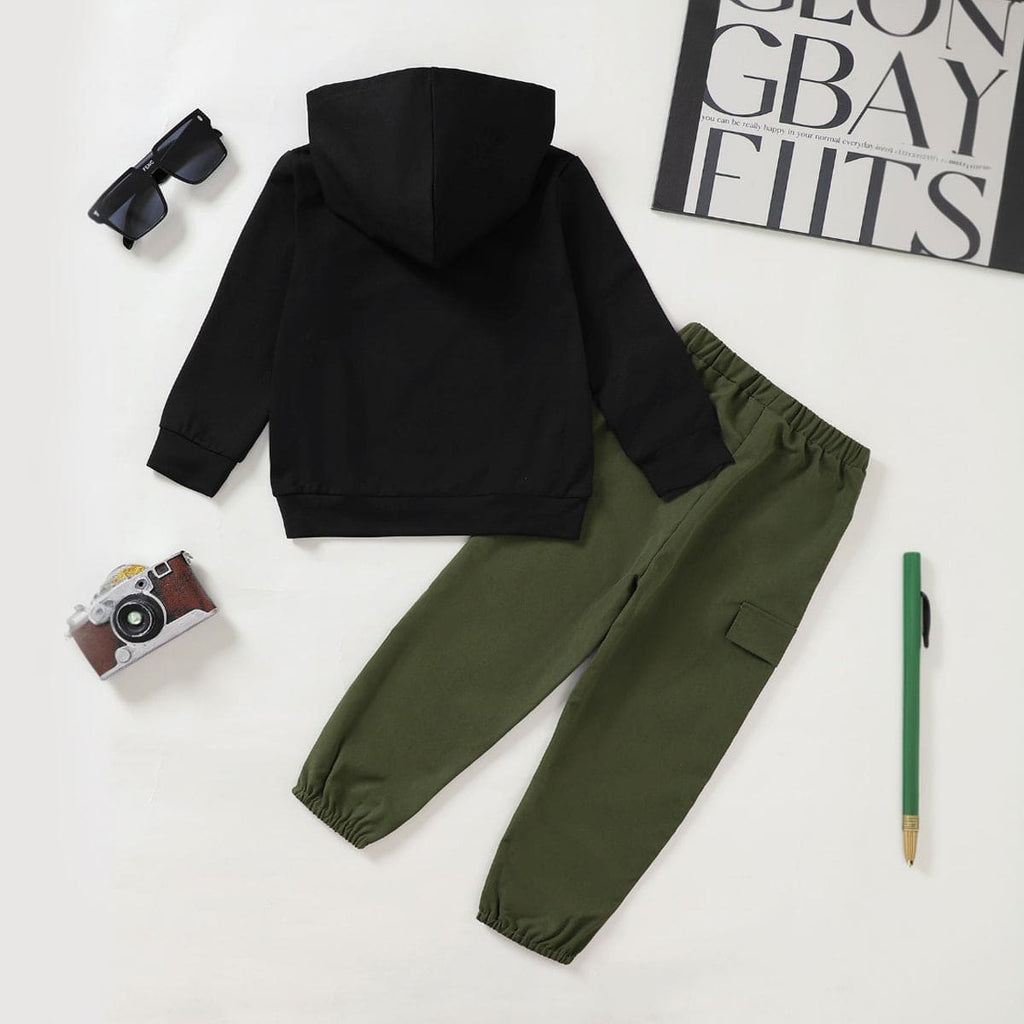 Boys Black Hooded Sweatshirt with Trouser Set Sets   