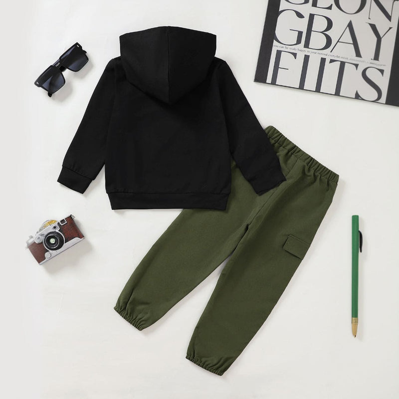 Boys Black Hooded Sweatshirt with Trouser Set Sets   