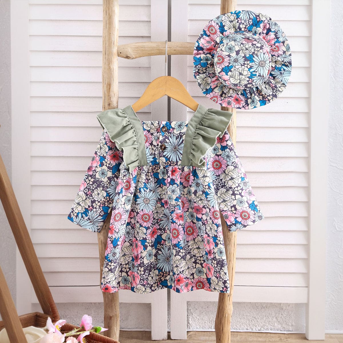 Girls Blue Floral Print Full Sleeves Fit & Flare Casual Dress Casual Dresses   