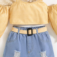 Girls Yellow Checkered Off-Shoulder Crop Top with Denim Shorts Set Sets   