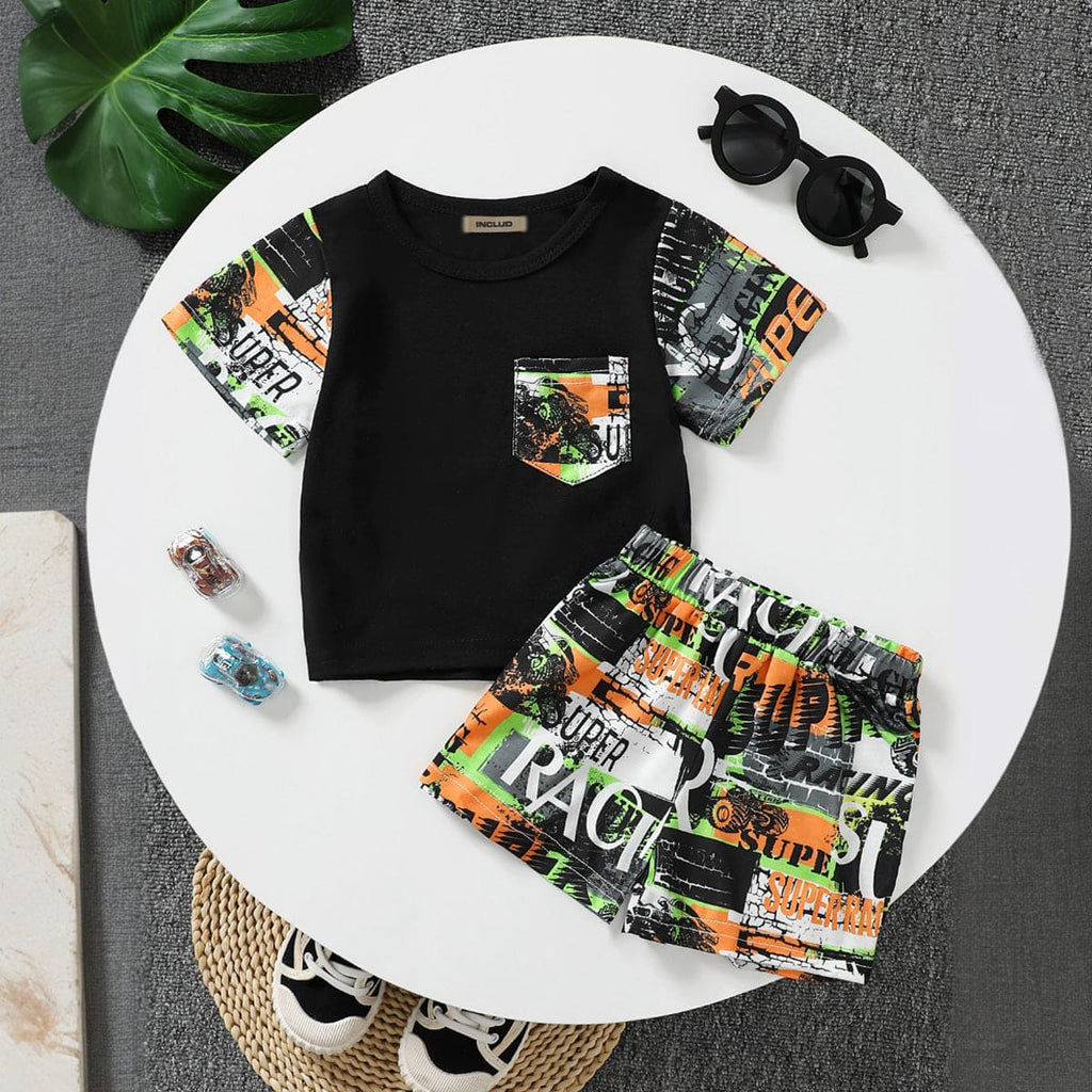 Boys Printed Short Sleeves T-shirt with Shorts Set Sets Black 6-9 M 