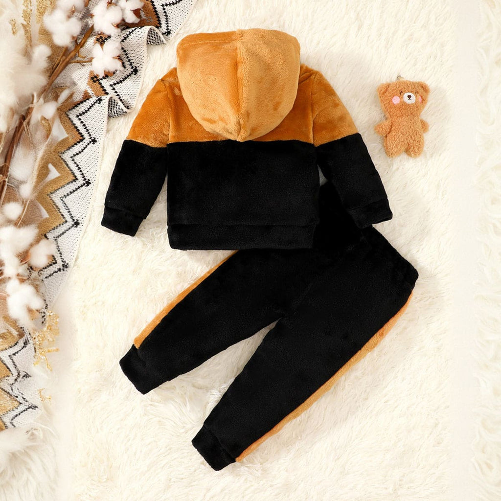 Boys Black Velveteen Hooded Sweatshirt with Trackpants Set Sets   