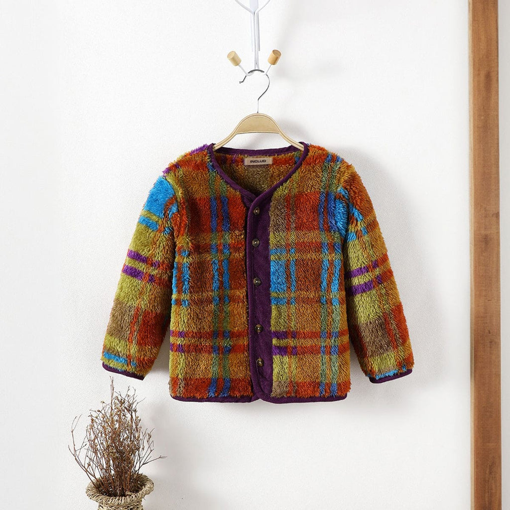 Girls Multicolored Plush Checkered Fleece Cardigan Sweaters & Cardigans Brown 4-5 Y 