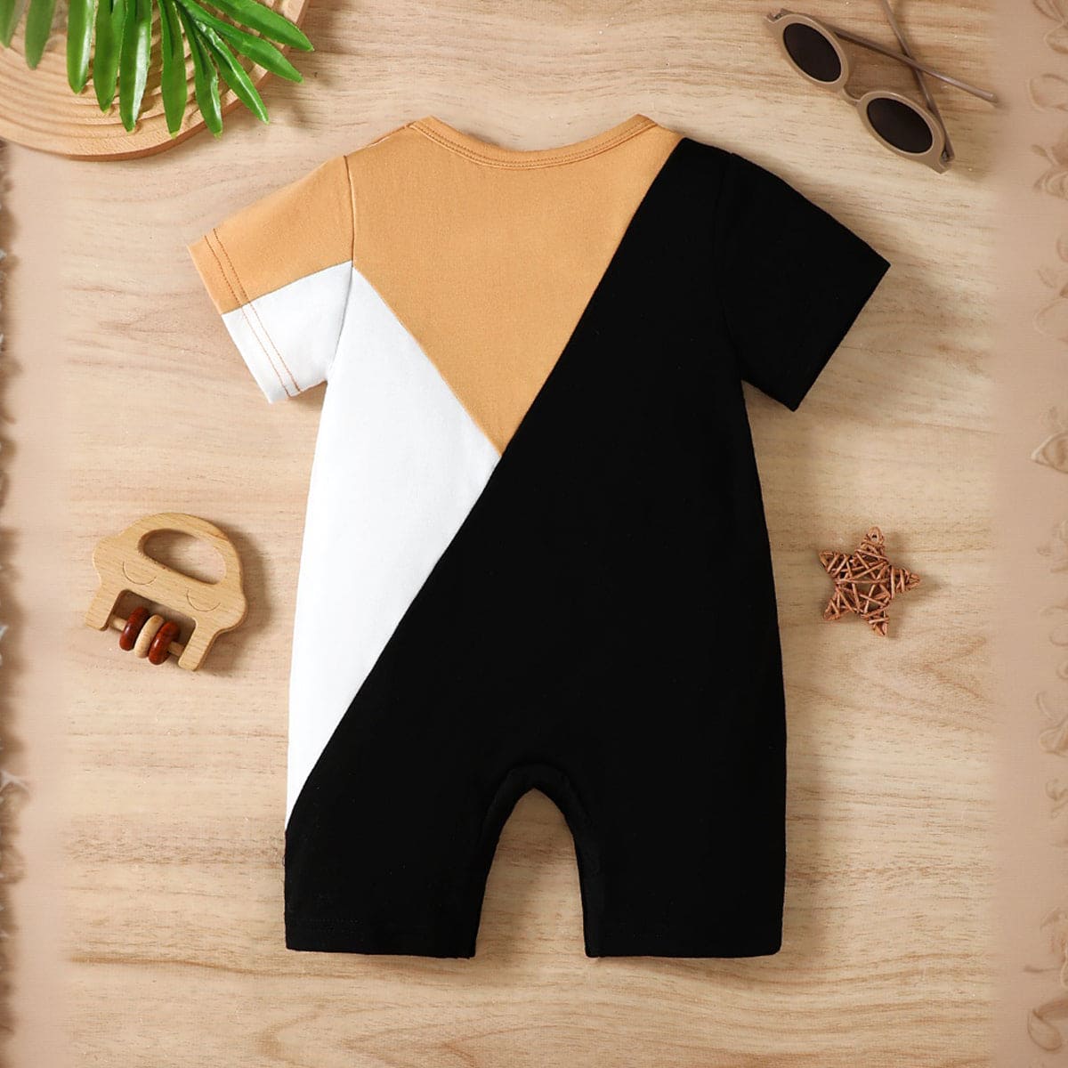 Boys Black Short Sleeves Colourblocked Romper Jumpsuits   