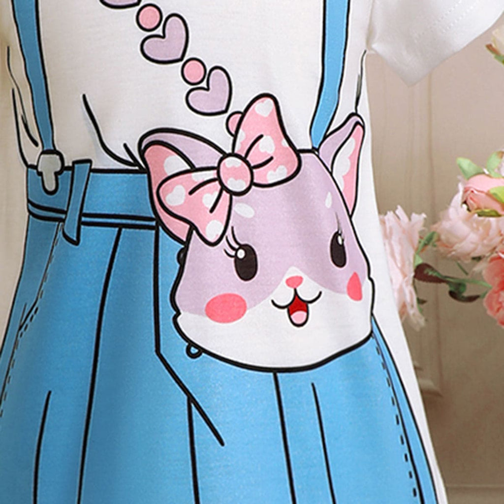 Girls White Printed Short Sleeves T-shirt Dress Casual Dresses   