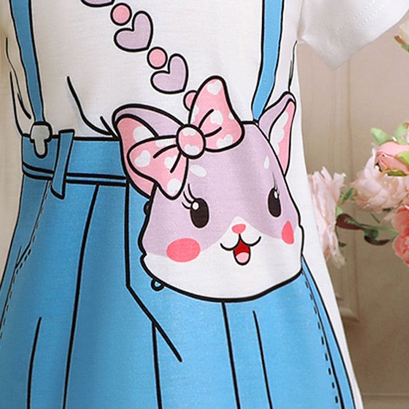 Girls White Printed Short Sleeves T-shirt Dress Casual Dresses   