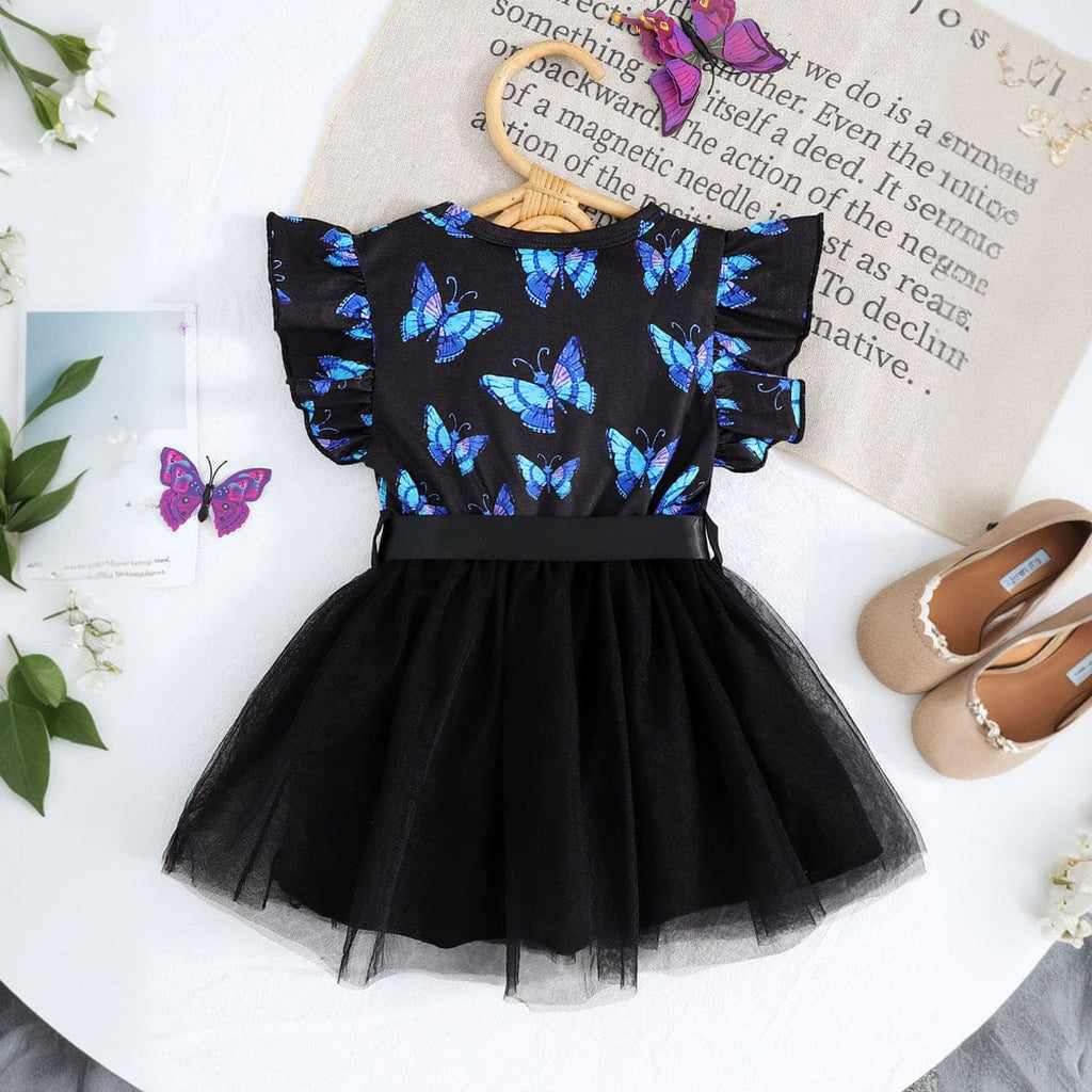 Girls Black Butterfly Print Flared Sleeves Fit & Flared Dress Casual Dresses Black 6-9 M 