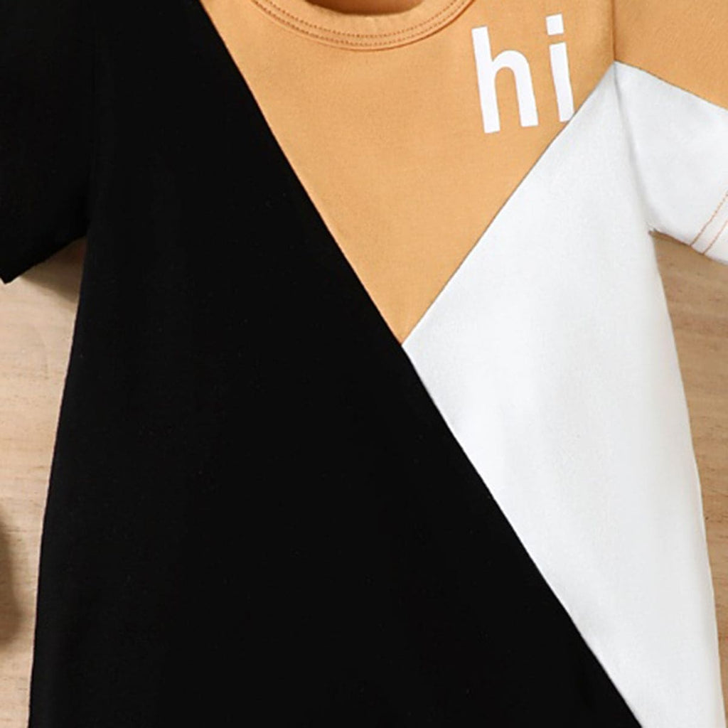 Boys Black Short Sleeves Colourblocked Romper Jumpsuits   
