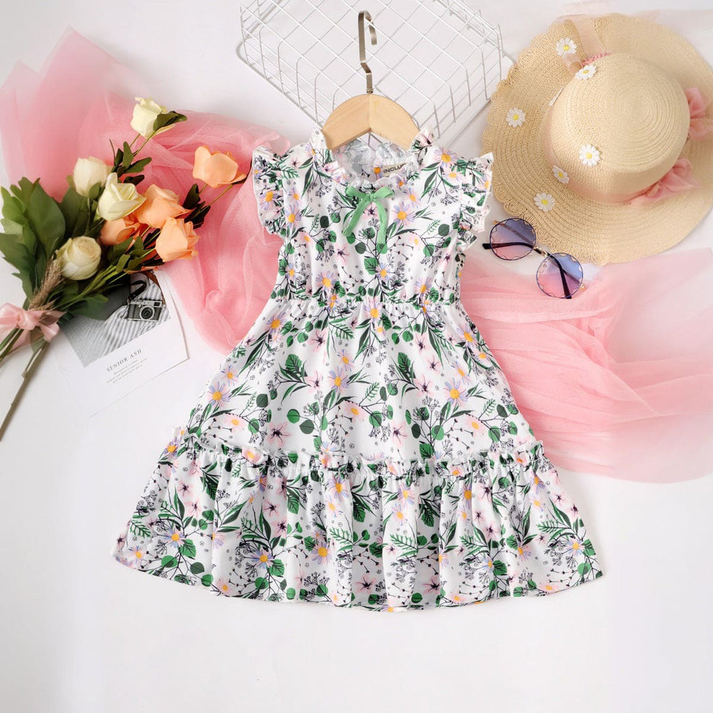 Girls White Floral Printed Tiered Casual Dress Casual Dresses Green 1-2 Y 