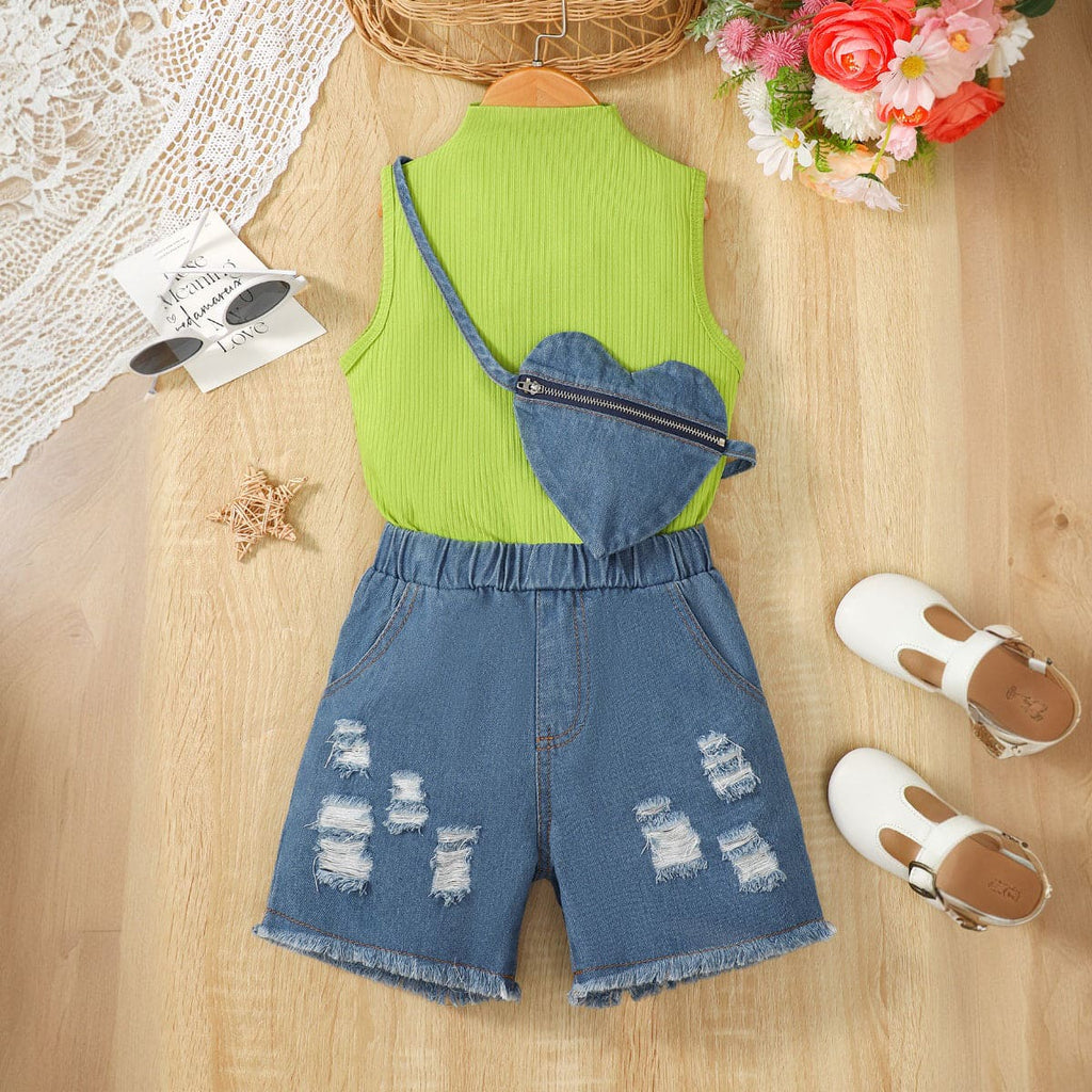 Girls Green Ribbed Sleeveless Top with Denim Shorts Set Sets Green 1-2 Y 