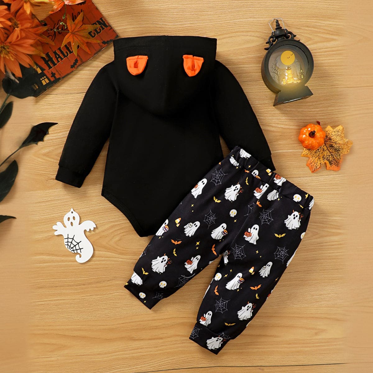 Boys Black Printed Hooded Bodysuit with Trouser Set Sets   