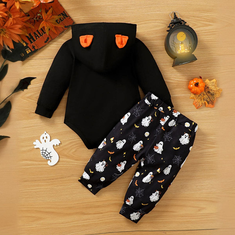Boys Black Printed Hooded Bodysuit with Trouser Set Sets   