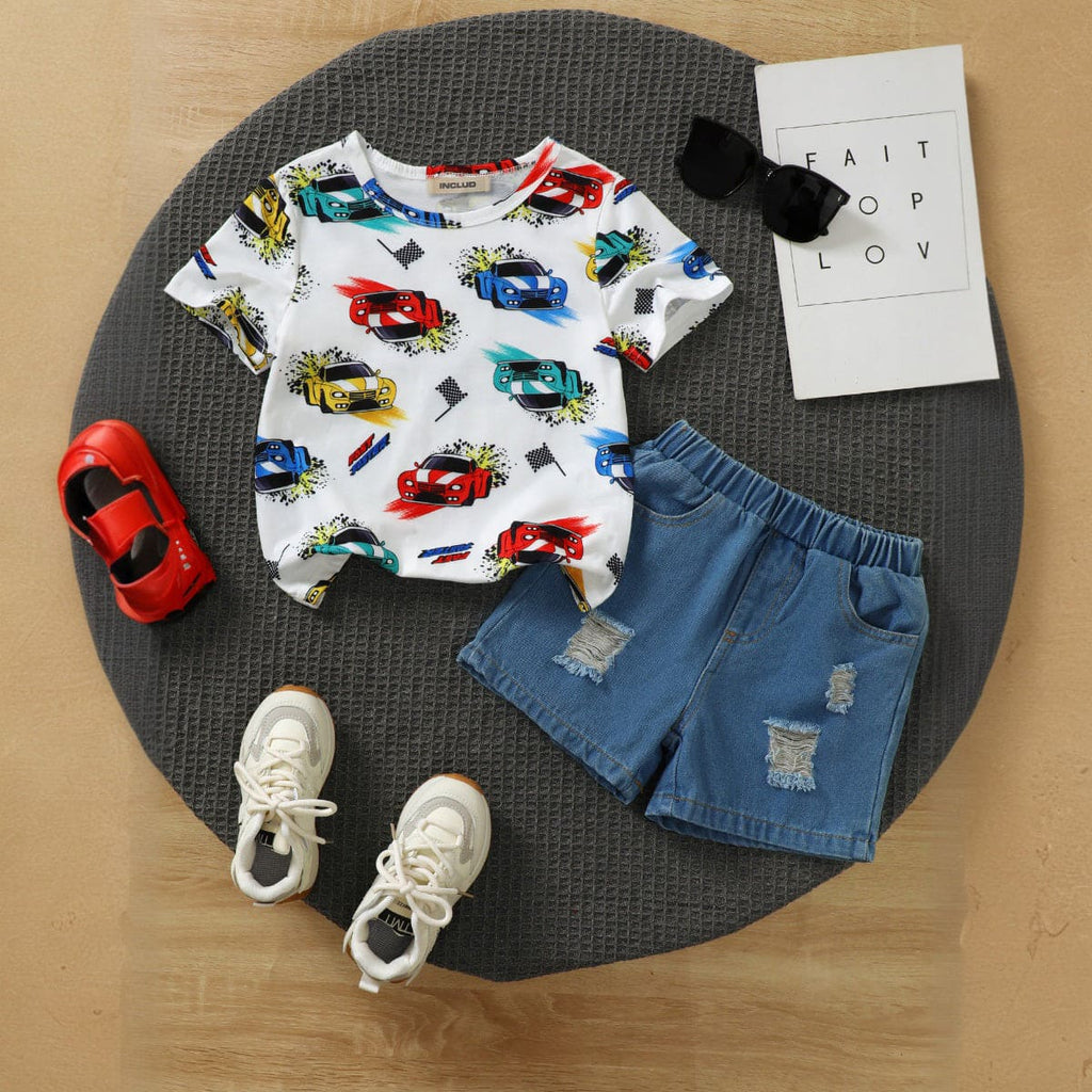 Boys White Car Print T-shirt with Denim Shorts Set Sets White 4-5 Y 