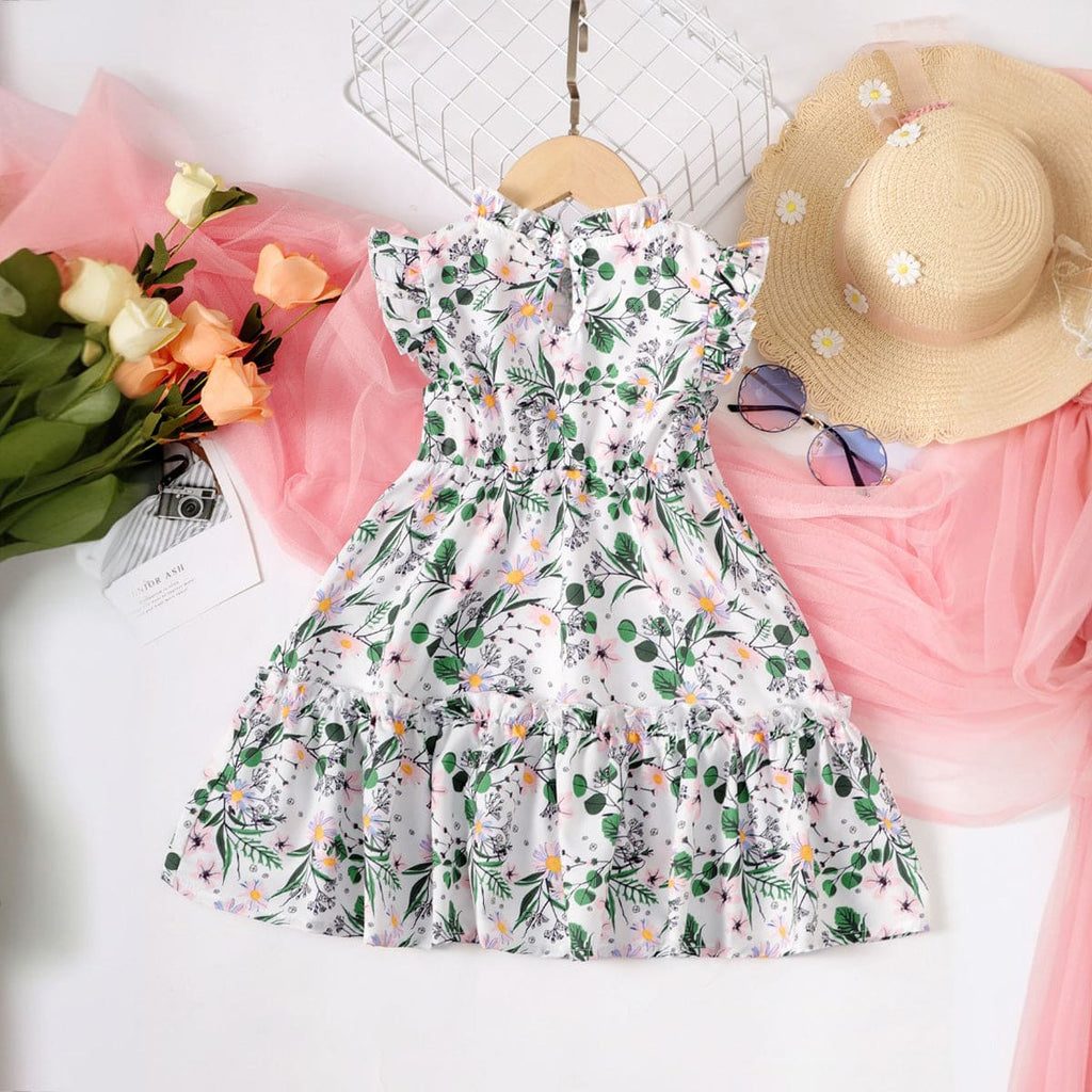Girls White Floral Printed Tiered Casual Dress Casual Dresses   