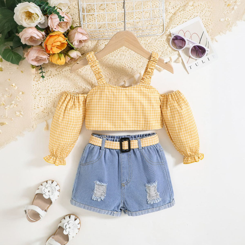 Girls Yellow Checkered Off-Shoulder Crop Top with Denim Shorts Set Sets Yellow 4-5 Y 