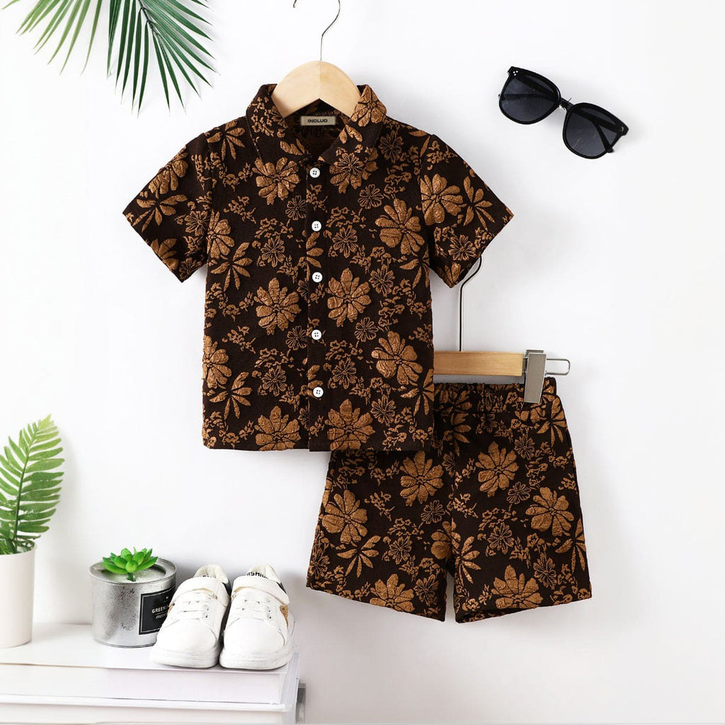 Boys Brown Floral Print Shirt with Shorts Set Sets Brown 4-5 Y 