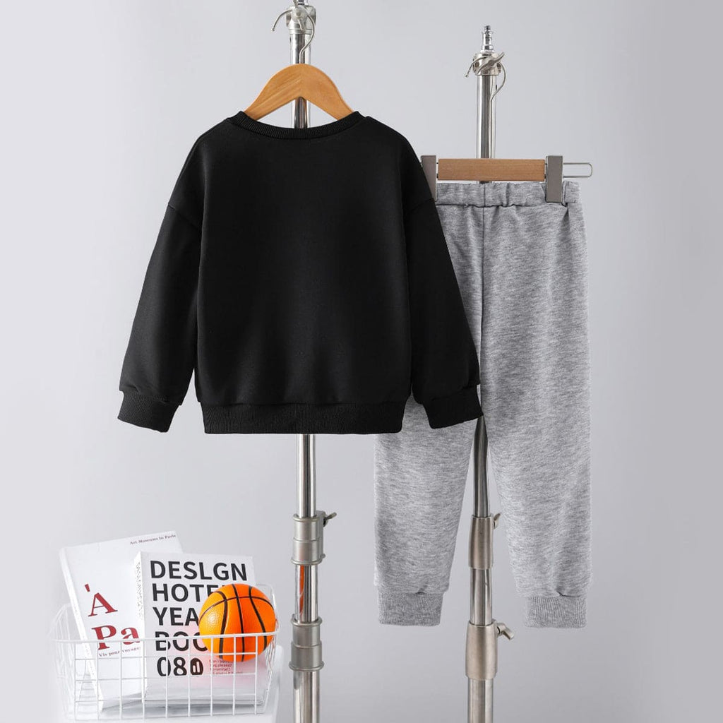 Boys Black Full Sleeves Sweatshirt with Trouser Set Sets   