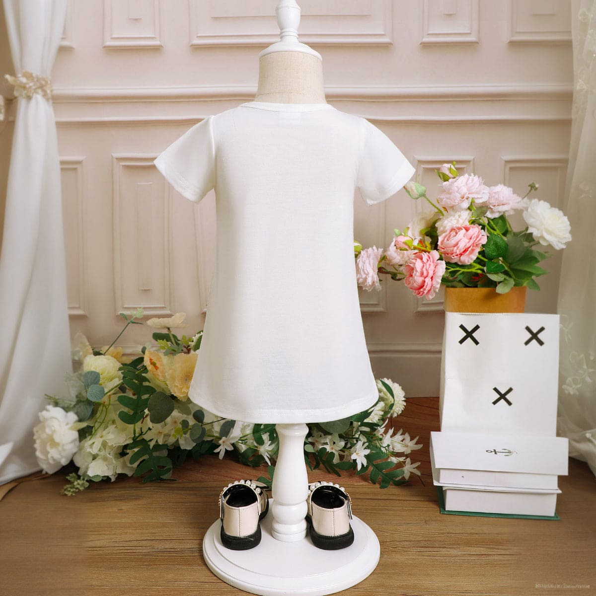 Girls White Printed Short Sleeves T-shirt Dress Casual Dresses   