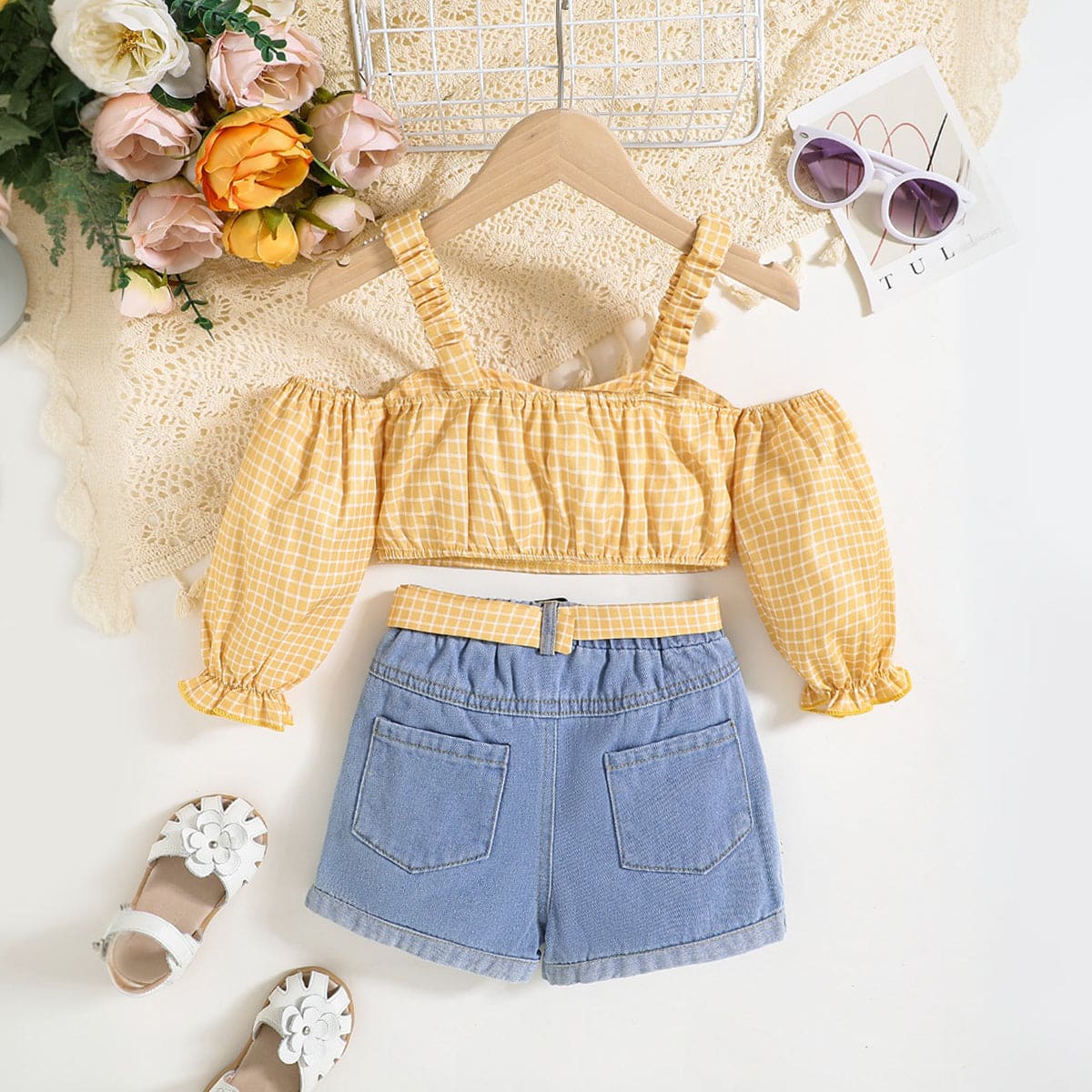 Girls Yellow Checkered Off-Shoulder Crop Top with Denim Shorts Set Sets   