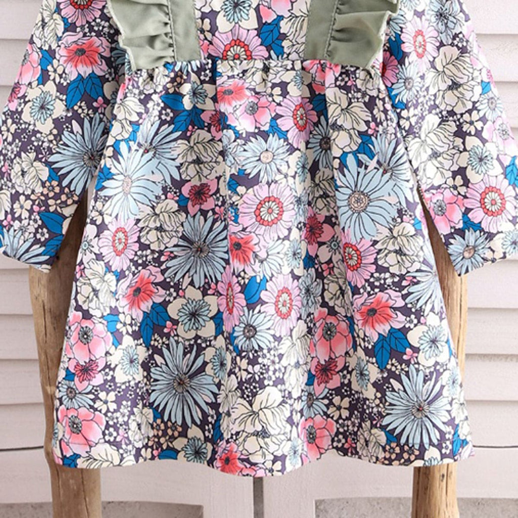 Girls Blue Floral Print Full Sleeves Fit & Flare Casual Dress Casual Dresses   