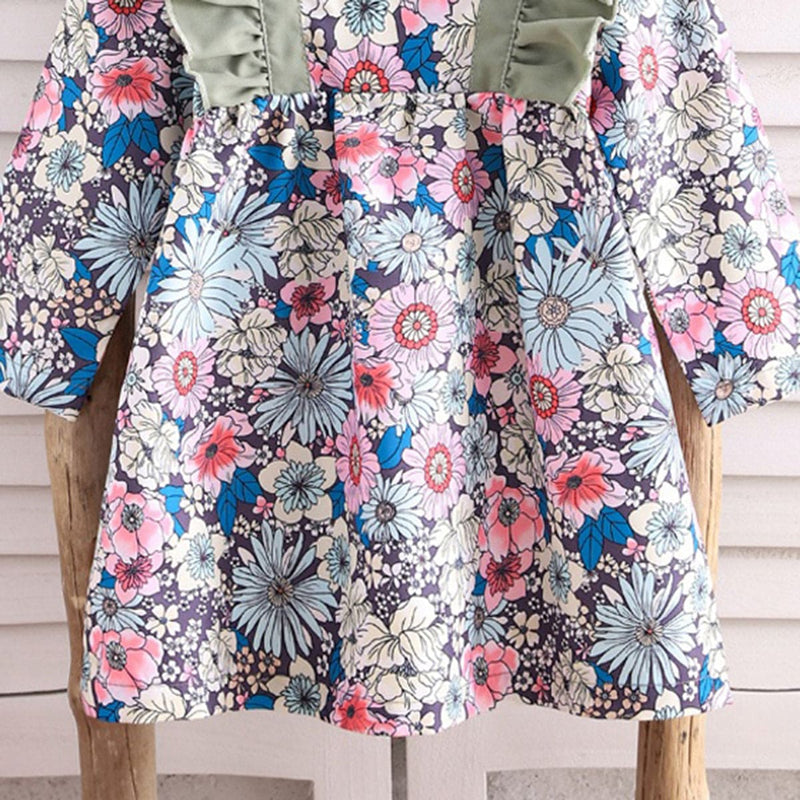 Girls Blue Floral Print Full Sleeves Fit & Flare Casual Dress Casual Dresses   