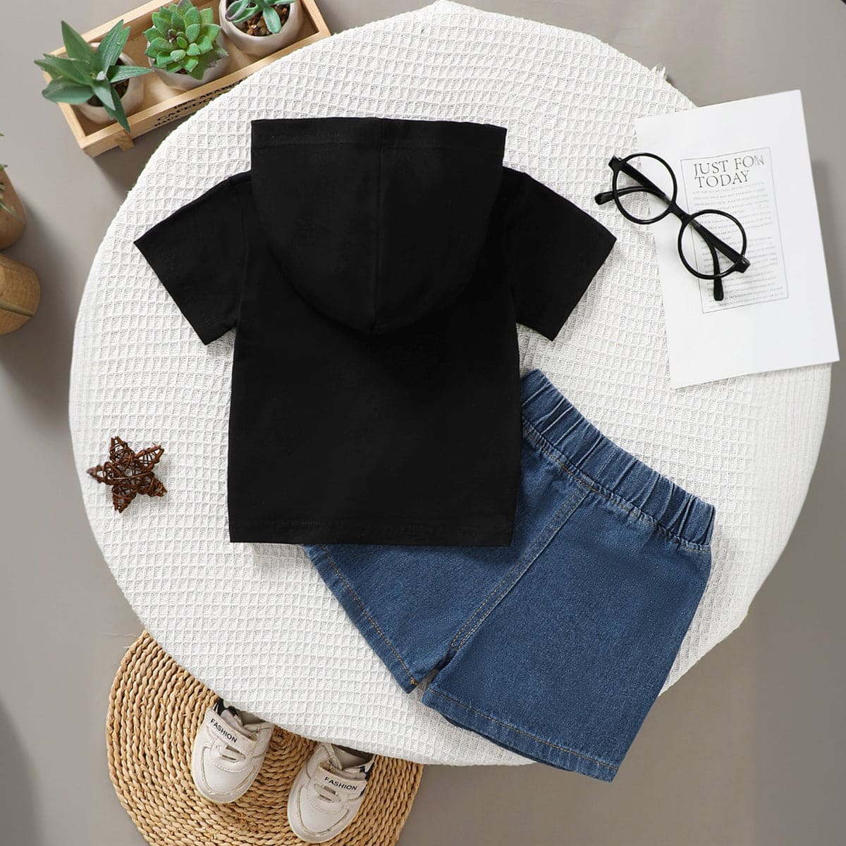 Boys Black Primed Hooded T-shirt with Denim Short Set Sets   