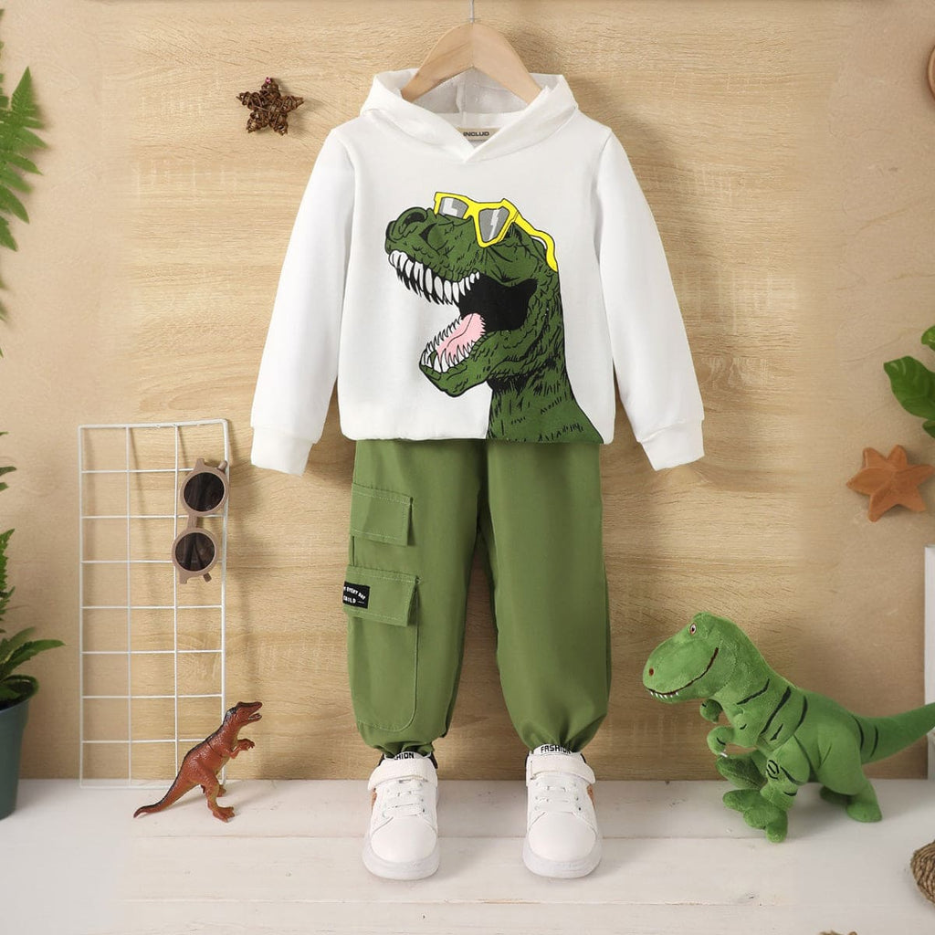 Boys White Dinosaur Printed Hoodie with Cargos Set Sets Green 4-5 Y 