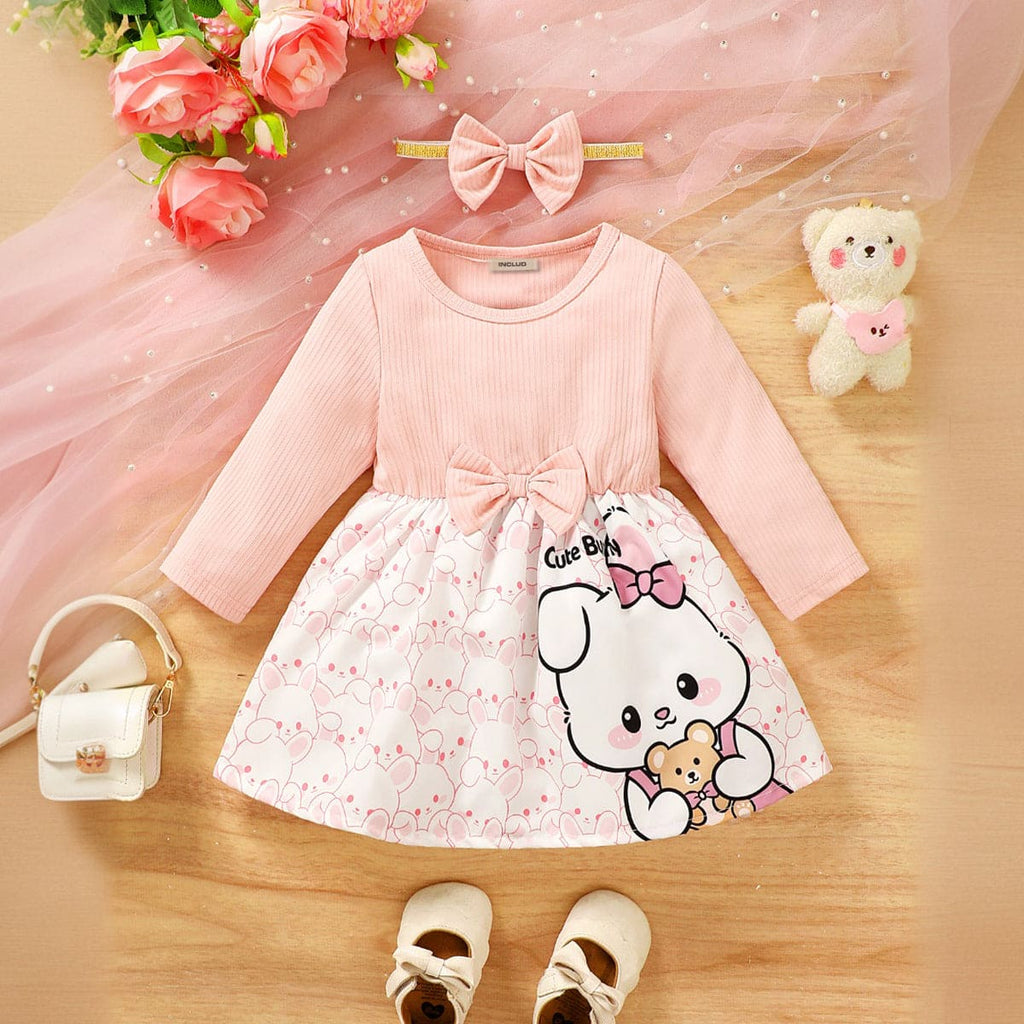 Girls Pink Cartoon Print Full Sleeves Fit & Flare Dress Casual Dresses Pink 6-9 M 