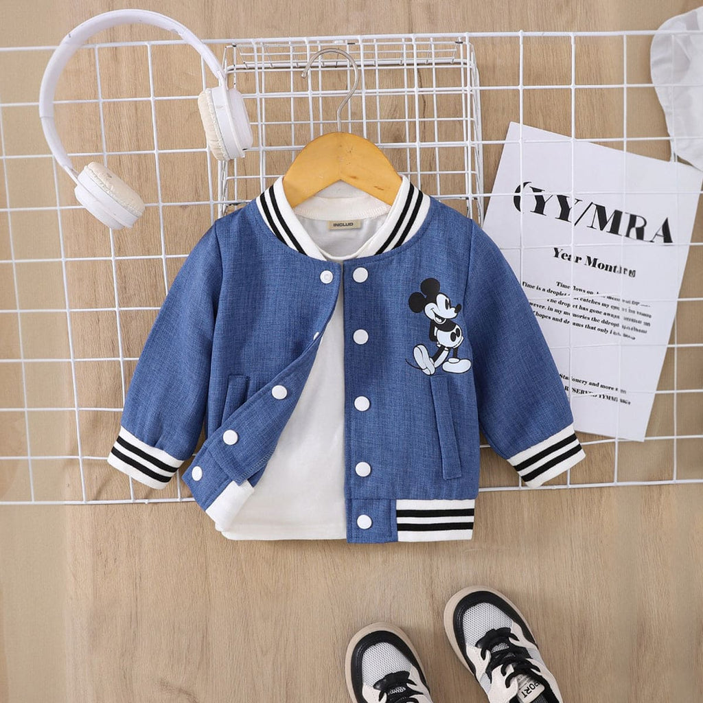 Boys Cartoon Print Full Sleeves Varsity Jacket Coats & Jackets Blue 6-9 M 