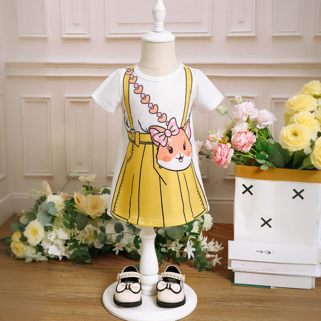 Girls Yellow Printed Short Sleeves T-shirt Dress Casual Dresses Yellow 6-9 M 