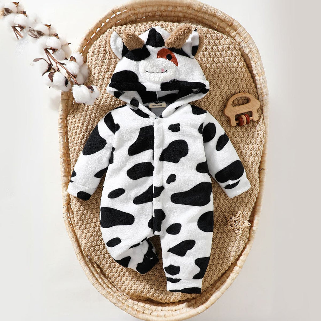 Boys Cow Print Full Sleeves Fleece Onesie Jumpsuits White 0-3 M 