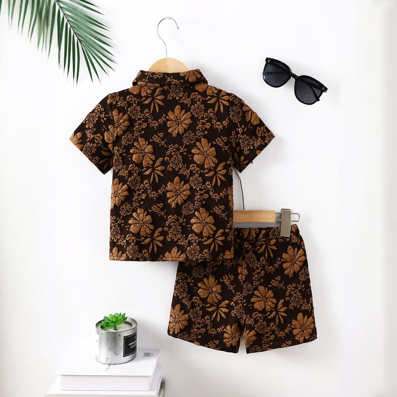 Boys Brown Floral Print Shirt with Shorts Set Sets   