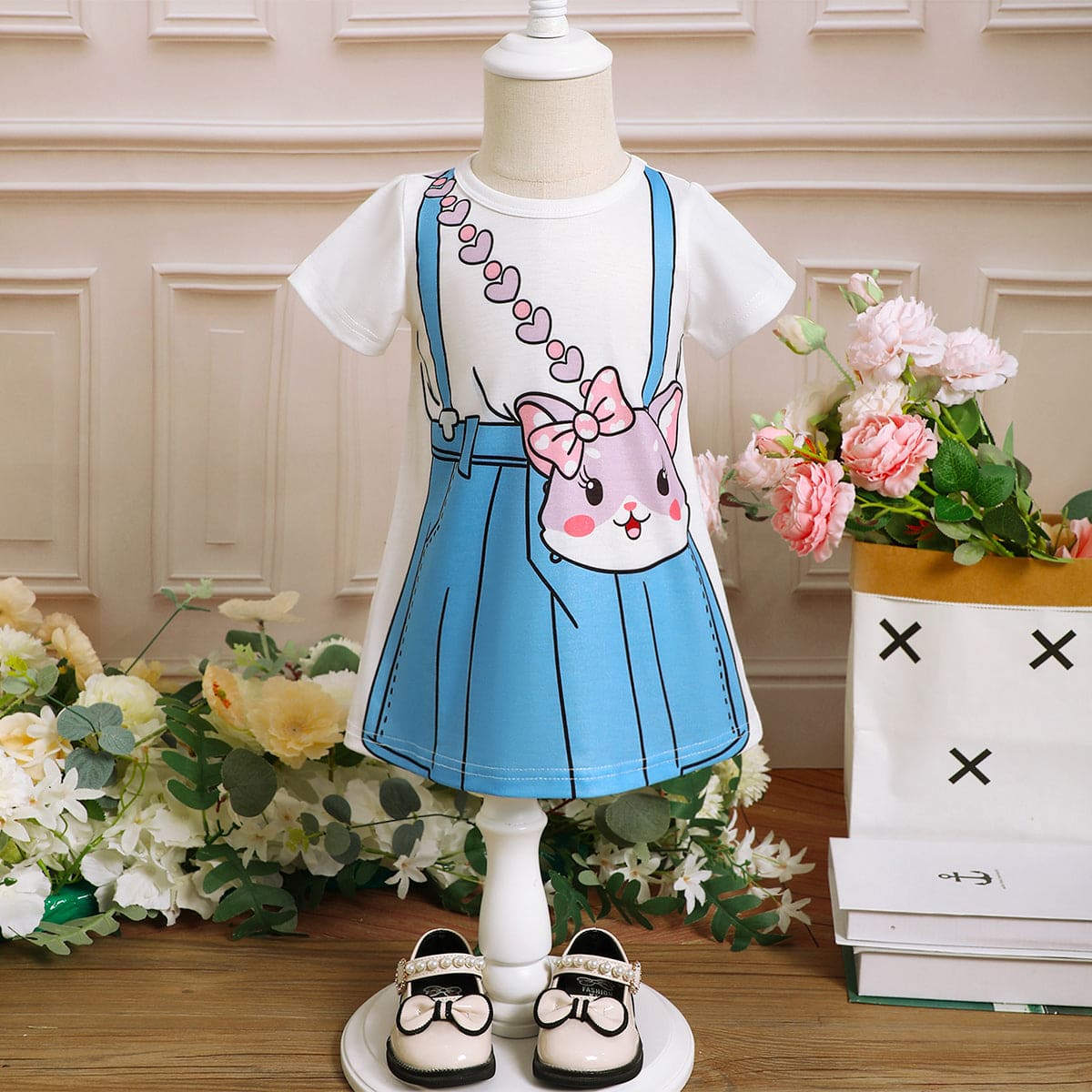 Girls White Printed Short Sleeves T-shirt Dress Casual Dresses White 6-9 M 