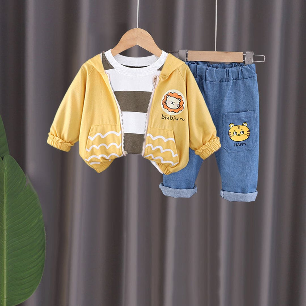 Boys Lion Graphic Sweatshirt With White Striped T-Shirt & Jeans Set Sets White 1-2 Y 