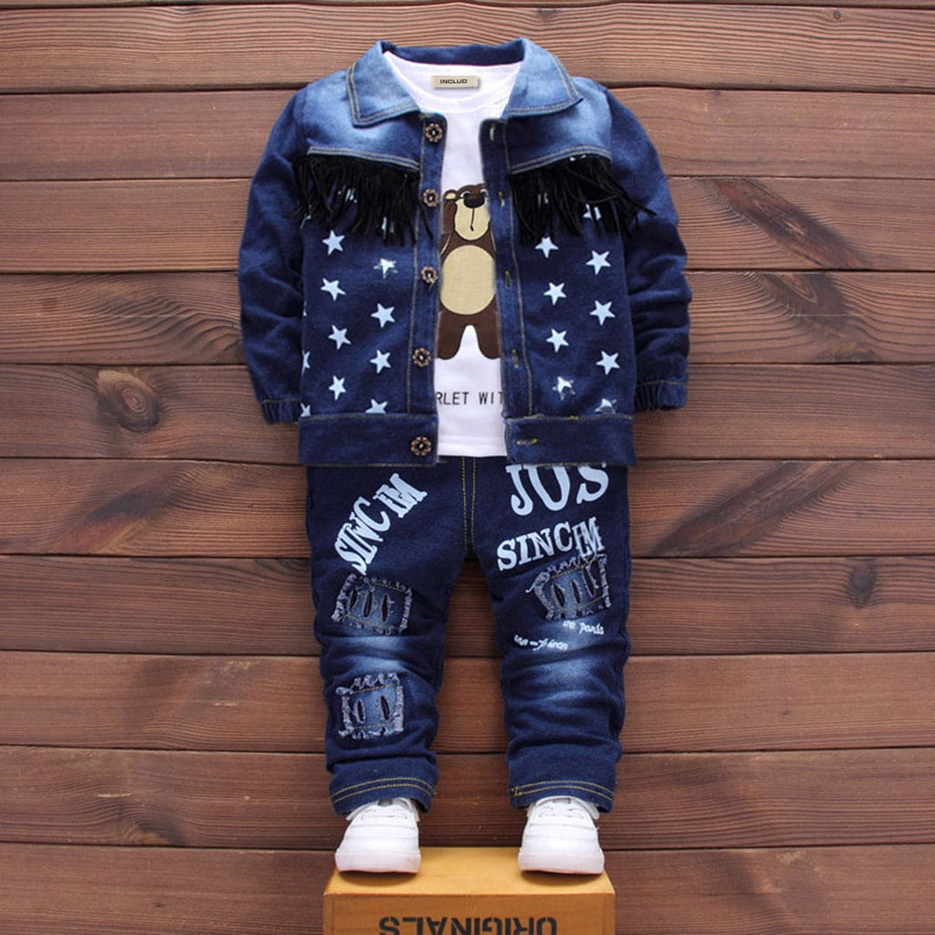 Boys Denim Jacket With Brown Graphic T-Shirt & Trouser Set Sets Brown 1-2 Y 