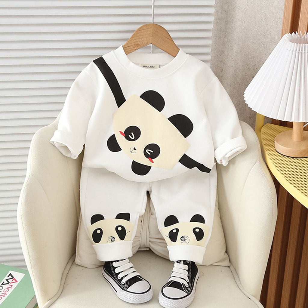 Boys Panda Print Sling Bag  White Sweatshirt With Trouser Set Sets White 1-2 Y 