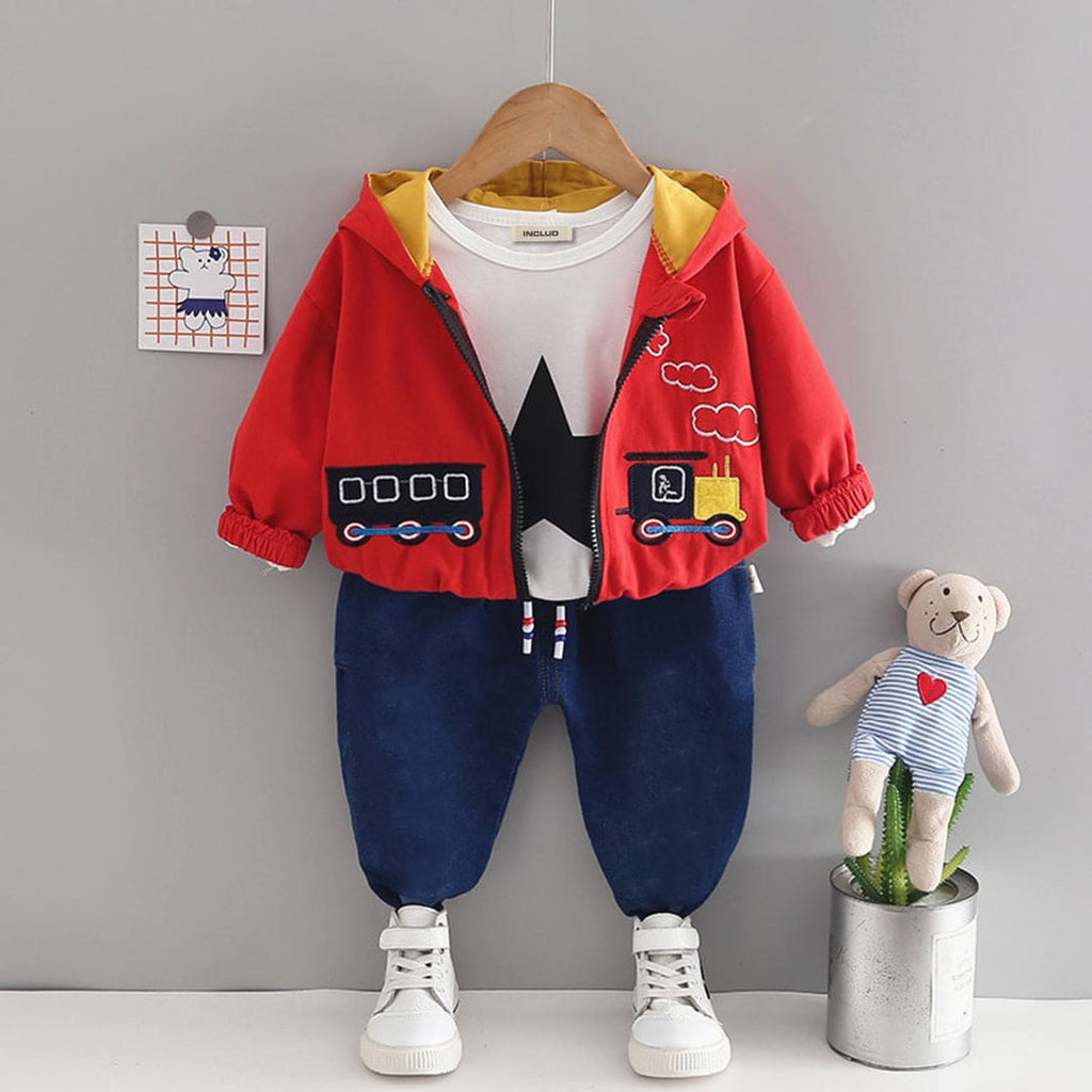 Boys Train Embroidery Red Jacket With T-Shirt & Pants Set Sets Red 1-2 Y 