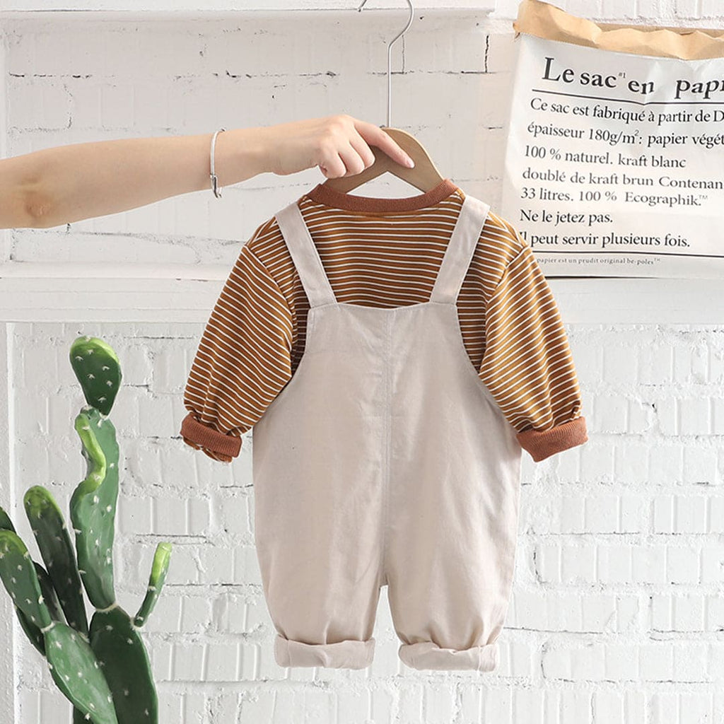 Boys Brown Striped T-Shirt With Graphic Dungaree Set Sets Khaki 1-2 Y 