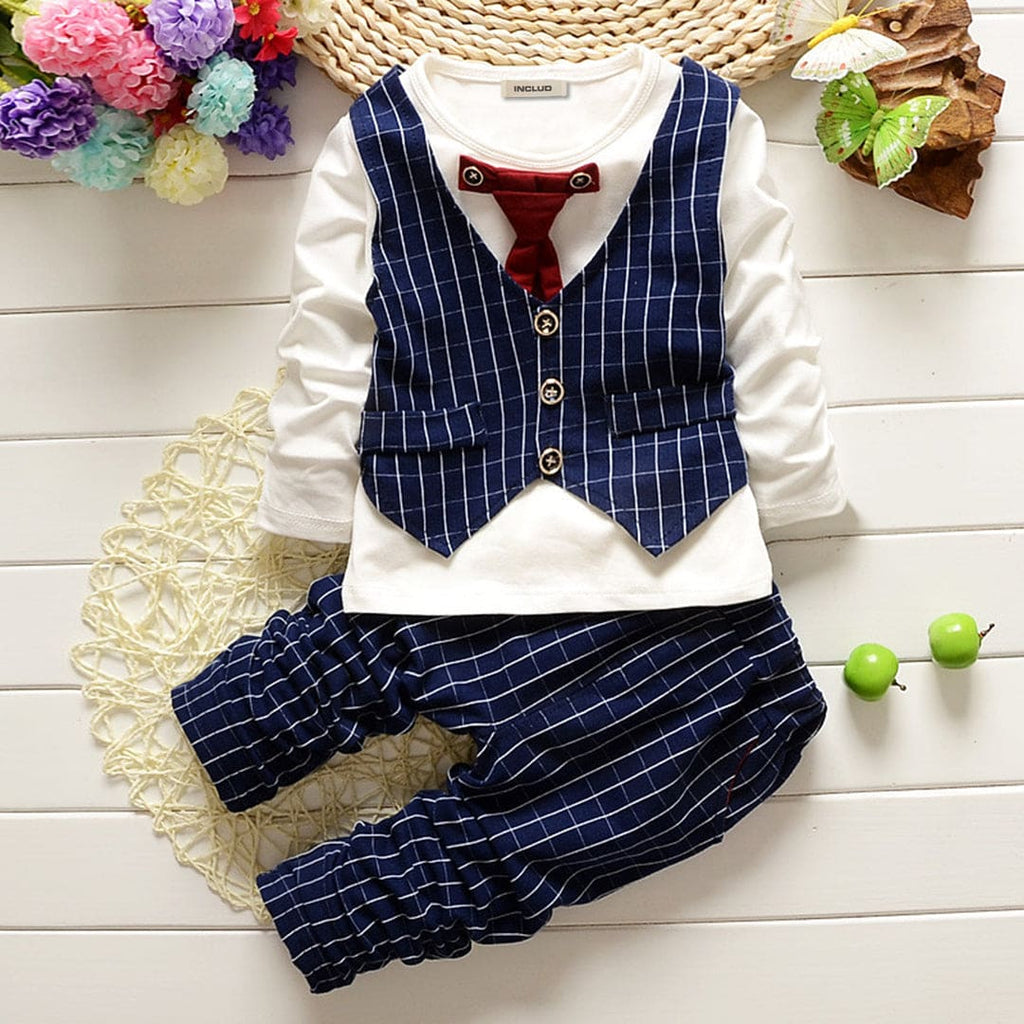 Boys Blue Long Sleeve Vest Mock T-Shirt With Check Pants Set Sets Blue 1-2 Y 