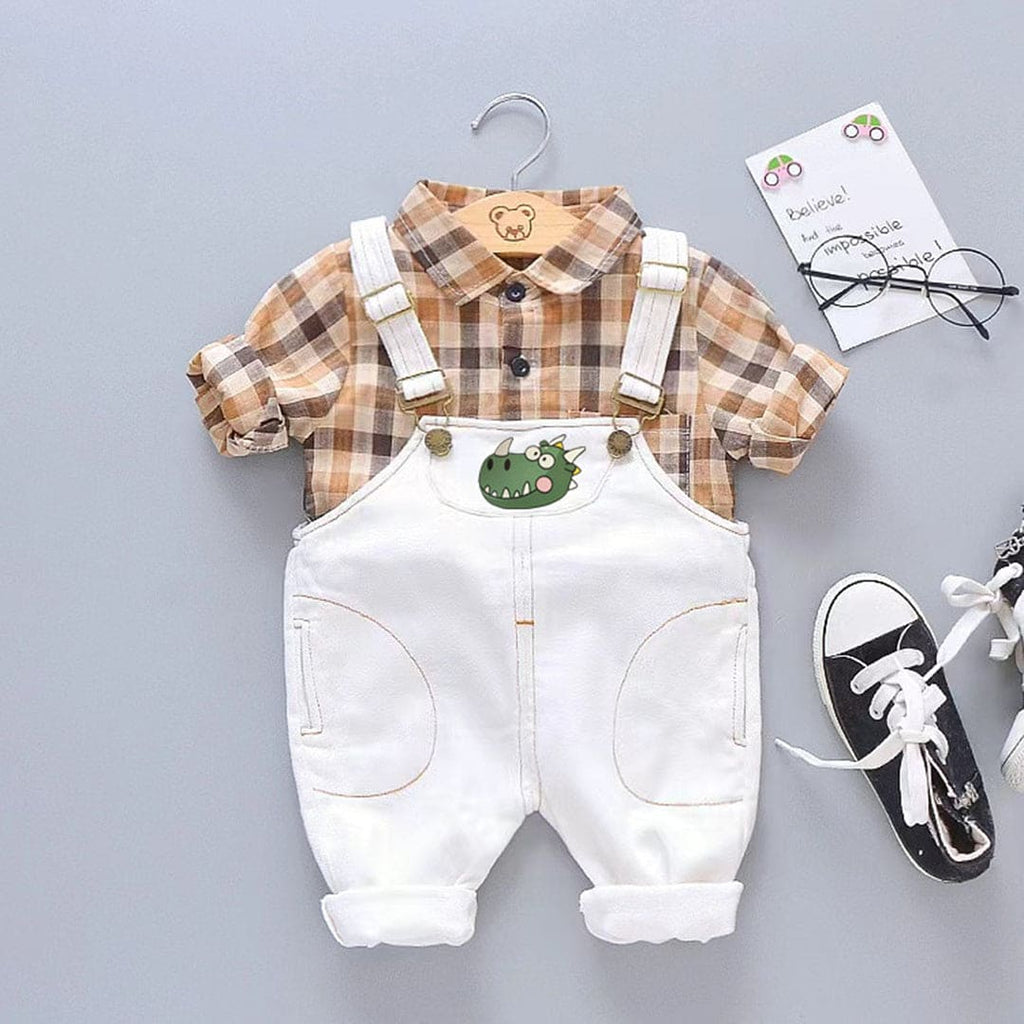 Boys Checkered Shirt With White Graphic Dungaree Set Sets White 1-2 Y 