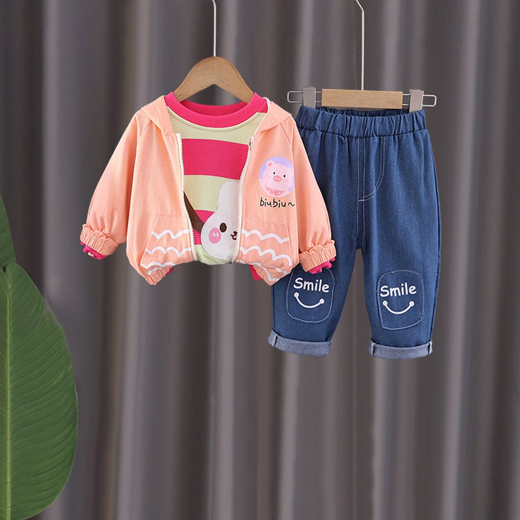 Girls Printed Jacket With Pink Striped Sweatshirt  & Denim Jeans Set Sets Pink 1-2 Y 