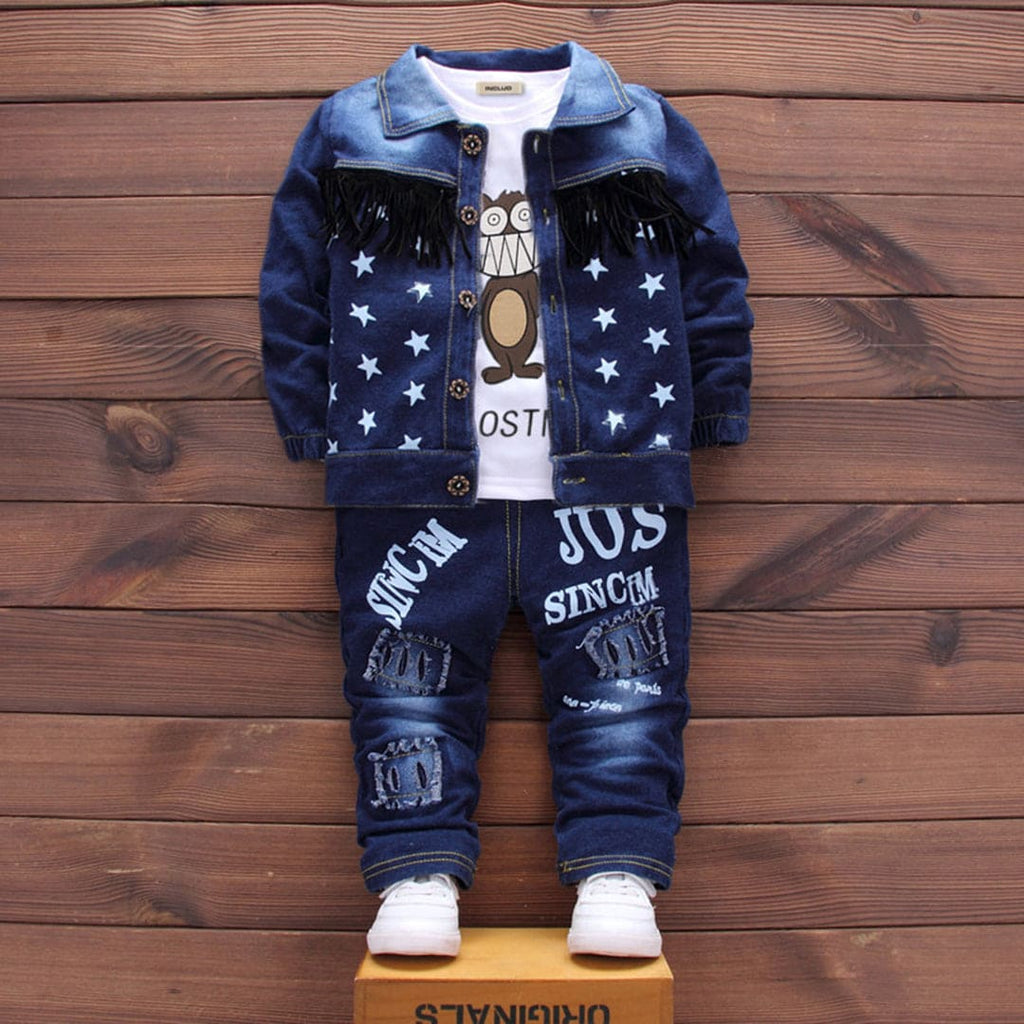 Boys Dark Blue Denim Jacket With Graphic T-Shirt & Trouser Set Sets Dark Blue 1-2 Y 