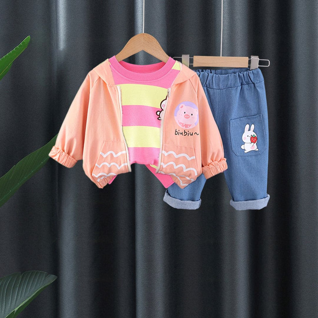 Girls Kangaroo Pocket Jacket With Red Striped T-Shirt & Jeans Set Sets Red 1-2 Y 