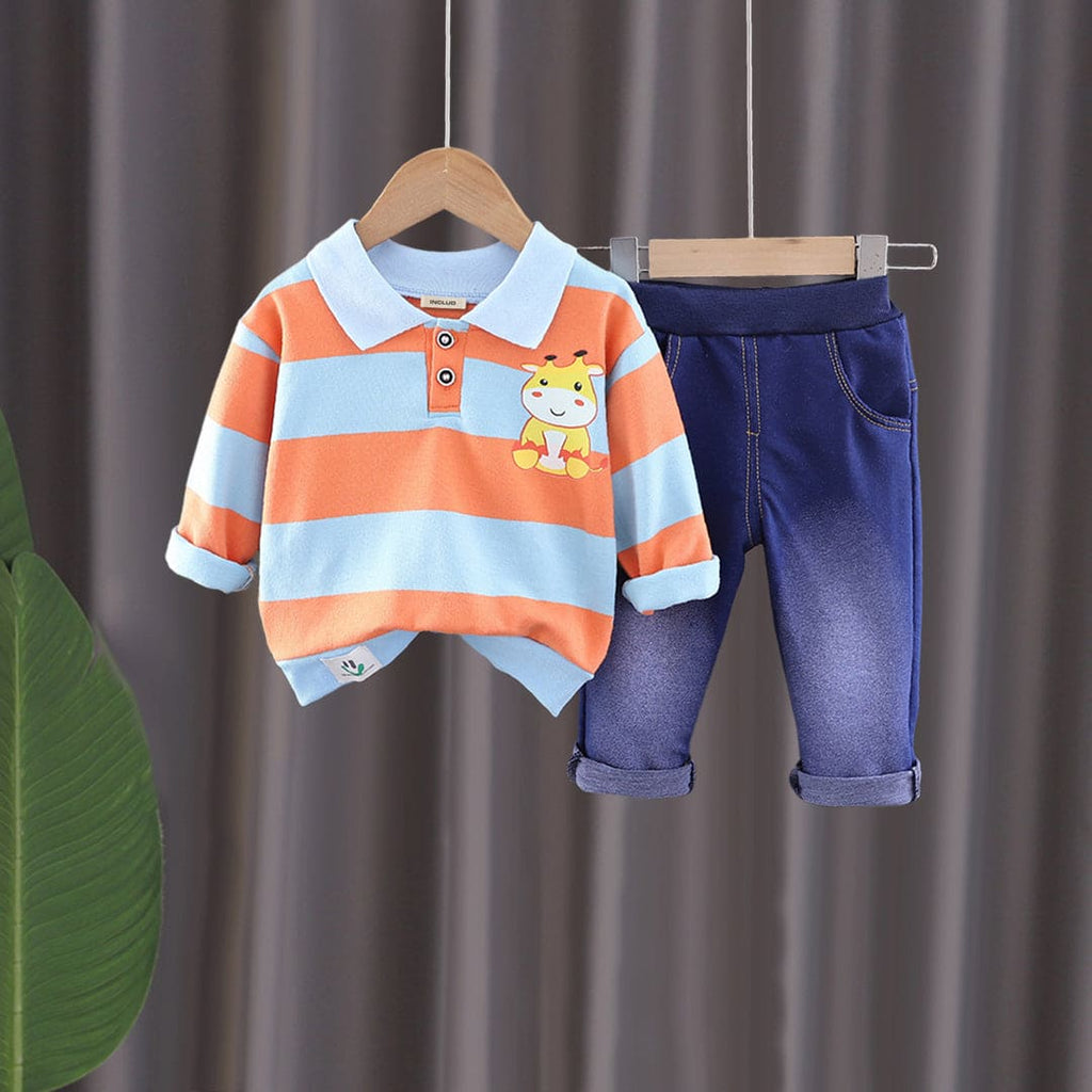 Boys Blue Striped Polo T-Shirt With Denim Pants Set Sets Blue 1-2 Y 