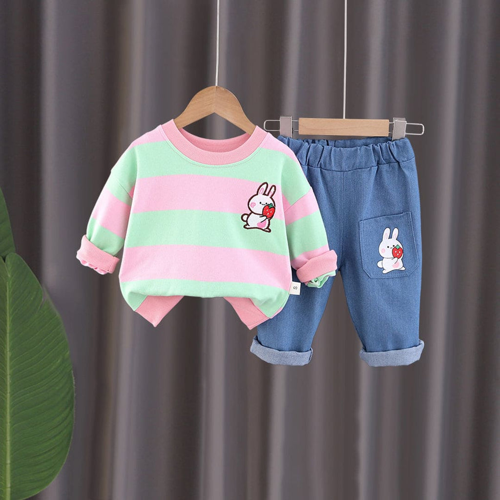 Girls Pink Striped Sweatshirt With Denim Jeans Set Sets Pink 1-2 Y 