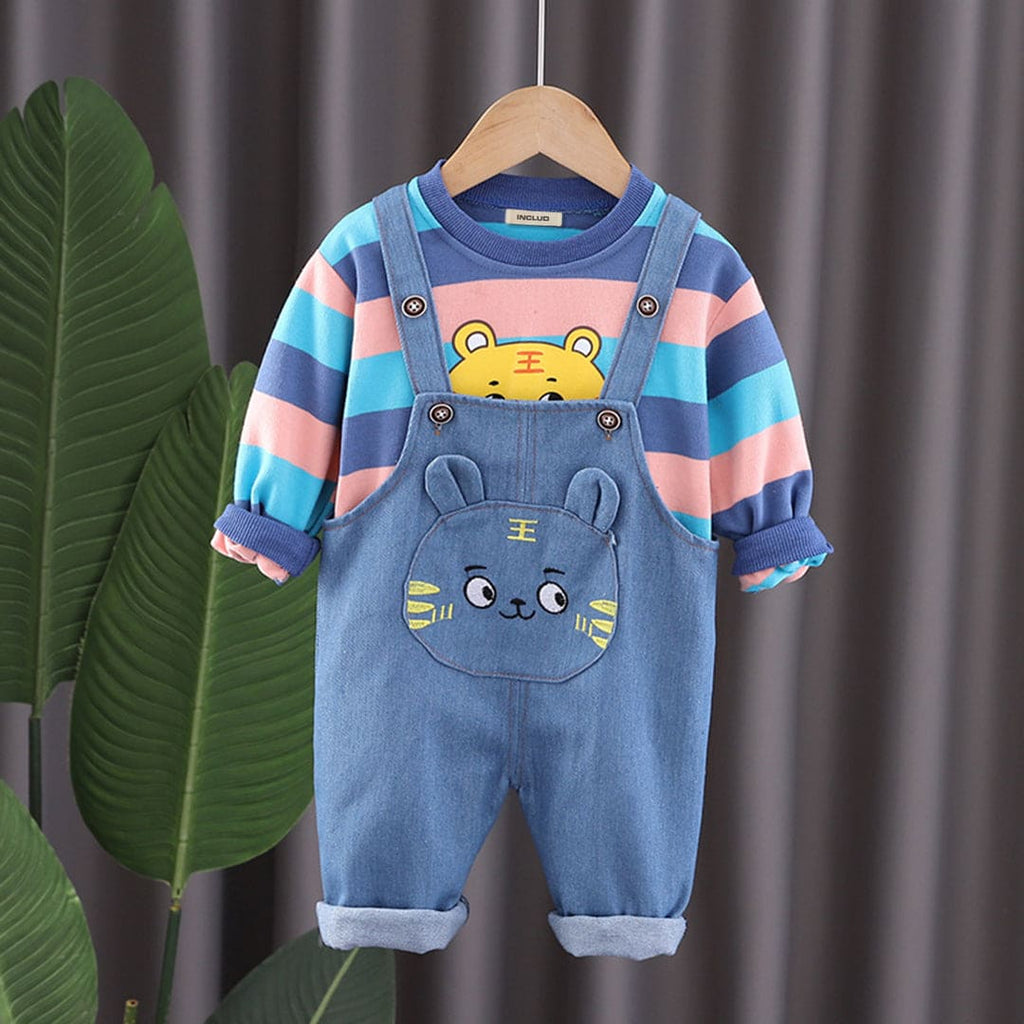 Boys Blue Striped Lion Graphic Sweatshirt With Denim Dungaree Set Sets Blue 1-2 Y 